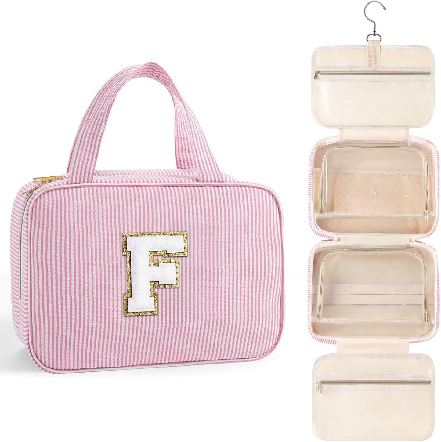 TOPEAST Gifts for Friends - Friendship Gifts for Women, Travel Toiletry Bag for Women, Hanging Toiletry Bag, Monogrammed Initial Tolietry Pouch Makeup Bag - Letter F, Pink