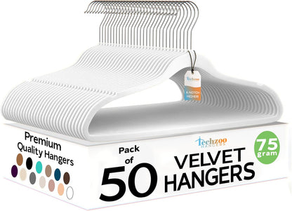 Premium Velvet Hangers 50 Pack Ultra Thin Non Slip Adult Felt Space Saving Slim Suit Hanger for Closet Heavy Duty Coat Pants Jackets Dress Hangers 360° Swivel Hook Hold Upto 10 lbs White