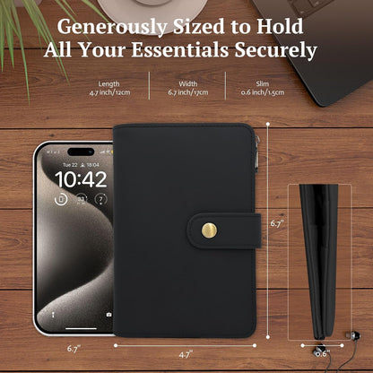 Full Grain Leather Passport Wallet, RFID Blocking Passport Holder with AirTag Slot, Multi Compartment Travel Wallet for Women & Men, Secure Passport Cover Case for Airport Essentials (Black)