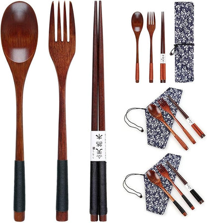 Wooden Chopsticks Spoon Fork Set Japanese Style Tableware Travel Utensils with Pouch for Camping,Picnic,Office or Home (Style A)