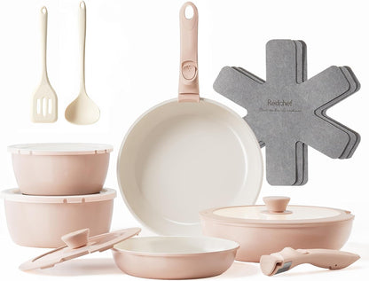 Redchef 16pcs Ceramic Pots and Pans Set Non Stick, Nonstick Kitchen Cookware Set with Detachable Handle, Non Toxic, PFAS PFOA & PTFE Free, RV Cookware Set for Camping, Dishwasher/Oven Safe (Pink)
