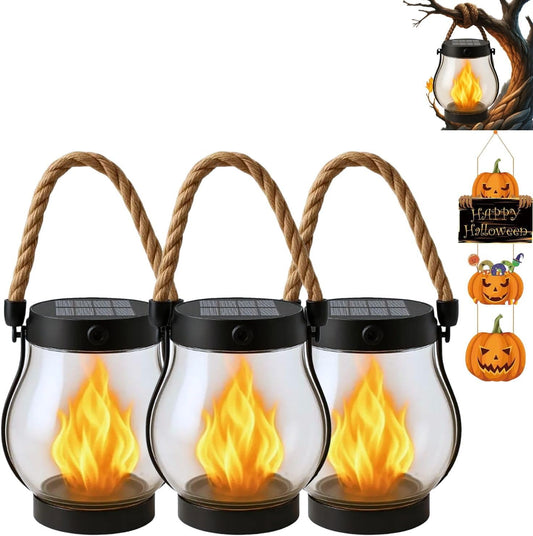 Solar Lantern Outdoor Lights, Flickering LED with Hemp Rope Handle, Dual Charging (Solar & USB), Water-Resistant Hanging Decor for Garden, Yard, Patio, Porch, Pathway, Camping (3)