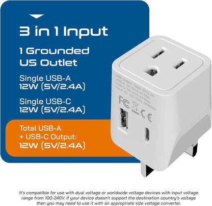 Ceptics UK adapters for travel to London, Hong Kong, Ireland - USB-A + USB-C & USA Input - Type G Adapter Grounded - Ideal for Phone, Laptop, Cameras