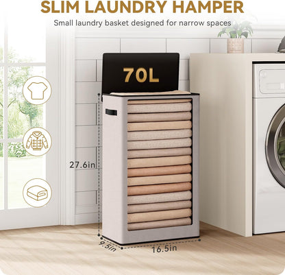 SOLEDI Slim Laundry Hamper with Lid, Narrow Laundry Basket with Removable Bags, Dirty Clothes Hamper with handle, Small Hamper perfect for Laundry room, Bathroom, Bedroom, Small spaces.Light taupe