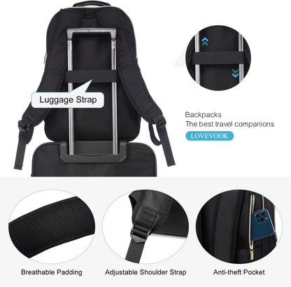 LOVEVOOK Laptop Backpack for Women, Stylish Quilted Backpacks Purse for Business Work Travel, Computer Bags Bag, with USB Port fits 15.6-inch Laptop, Black