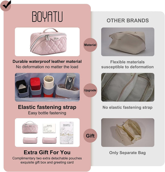 Travel Makeup Bags for Women Cosmetic Bag: Puffy Make up Bags Set of 3 - Vegan Leather Makeup Organizer - Waterproof Large Toiletry Bag with Compartments - Travel Essentials (Pink)