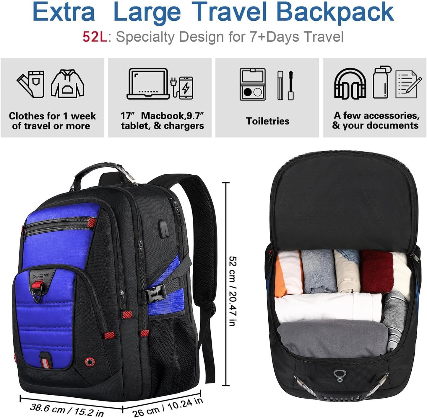 Z-MGKISS Extra Large Backpack, Travel Laptop Bag for Men, Anti-Theft College Backpack with USB Port, TSA-Approved 17.3 Inch, Heavy Duty Business Weekender Bag, Blue