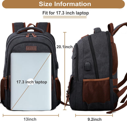 Mactso Canvas Travel Laptop Backpack for Men Women, Business Work Rucksack College Computer Bag Fits 17.3 Inch Notebook,Bookbag with USB Charging Port (Black, 17.3 Inch)