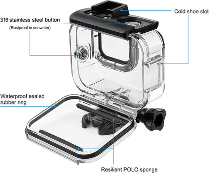 SOONSUN Waterproof Case for GoPro Hero 13 12 11 10 9 Black,196FT/60M Underwater Protective Diving Housing with Accessories, Built-in Dual Cold Shoe Mount to Connect Video Light and Microphone
