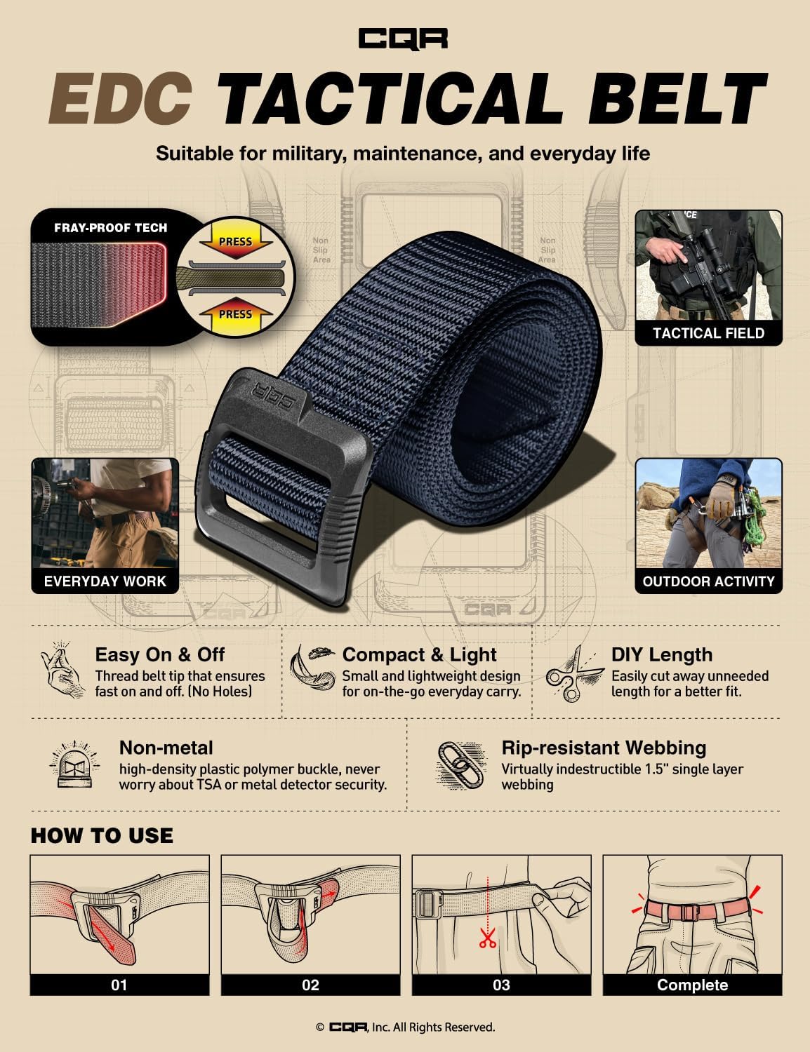 CQR Tactical Belt, Military Style Heavy Duty Belt, Webbing EDC Quick-Release Buckle