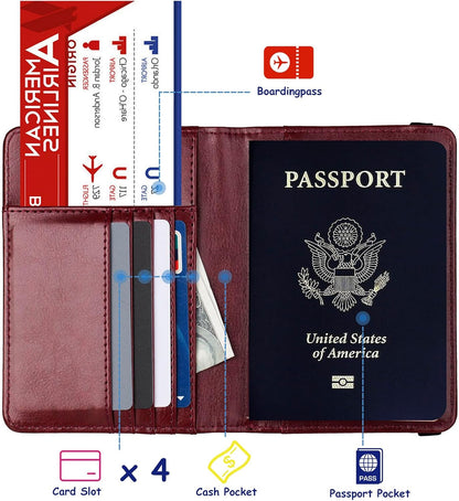 TOURSUIT RFID Blocking Passport Holder for Women Men, Leather Passport Travel Wallet with Metal 3D Metal Badge, Travel Document Holder Cover Accessories (Rose Red)