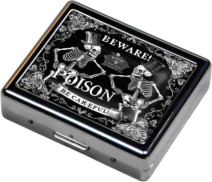 Cute and Portable Metal Pill Organizer – 8 Compartments, Elegant Chrome Finish, Ideal for Travel and Daily Use (Beware Poison Skeletons)