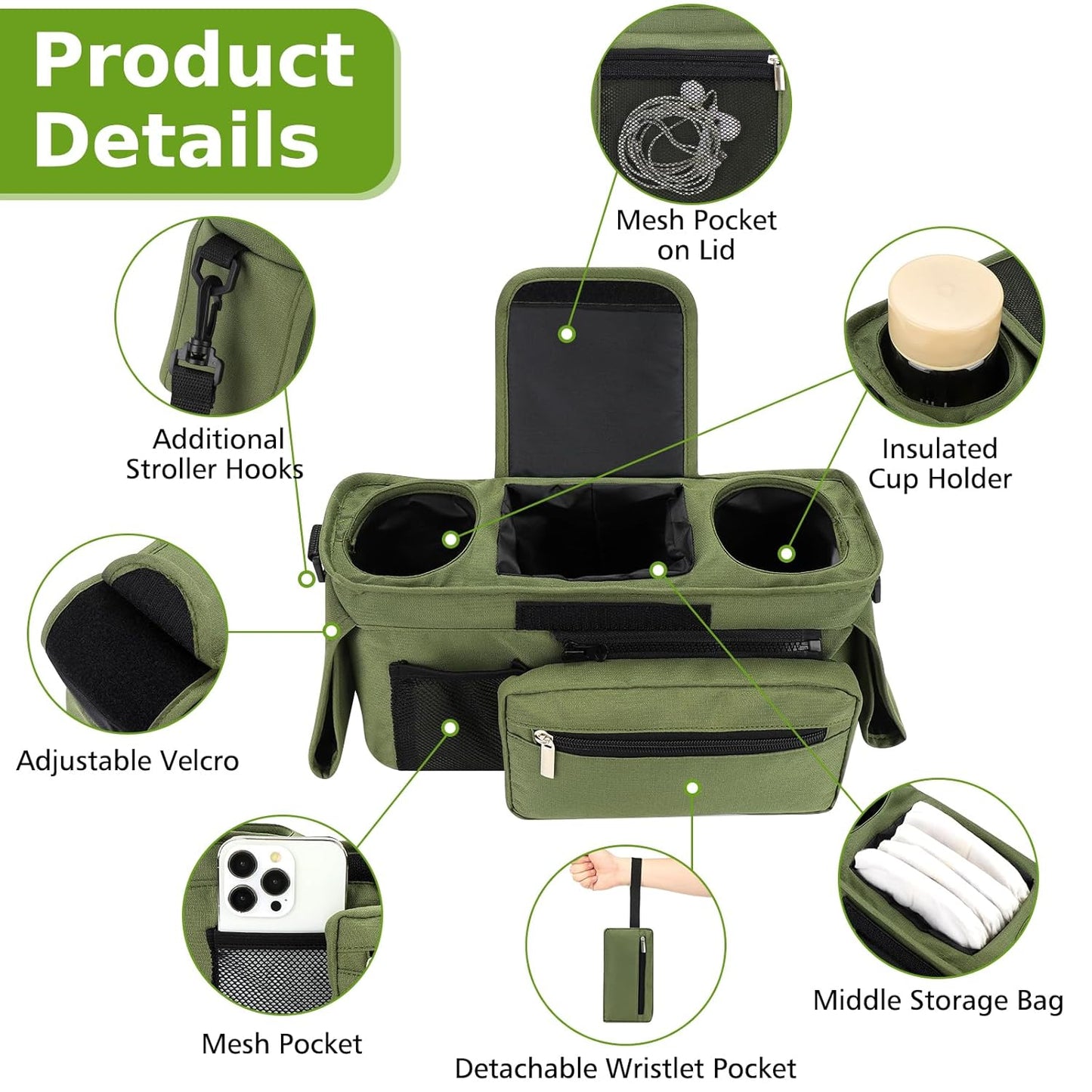 Accmor Universal Stroller Organizer with Insulated Cup Holder Detachable Phone Bag and Shoulder Strap,Stroller Bag Caddy Organizer Fits for Uppababy, Baby Jogger, Britax Strollers