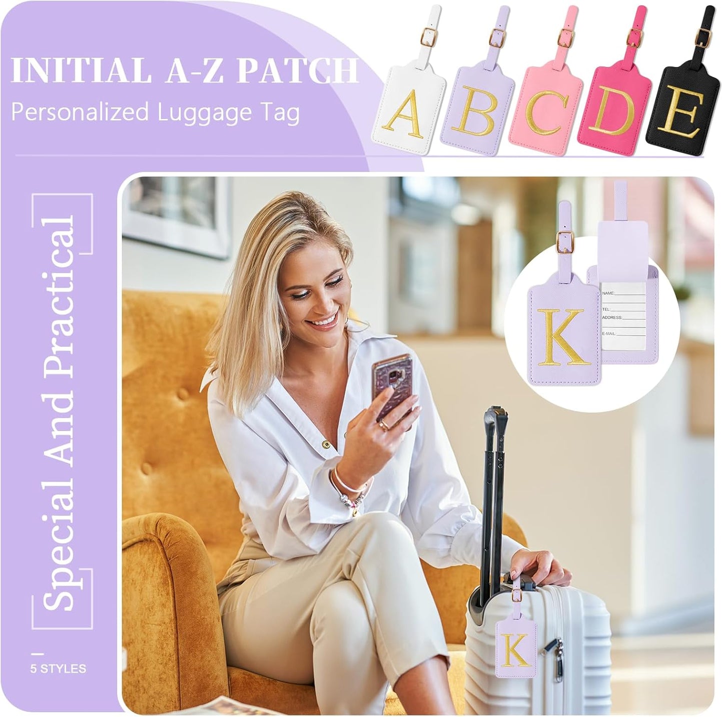Personalized Initial Luggage Tags for Suitcase, Purple Leather Cute Luggage Tags with Privacy Cover Name Card, Embroidered Custom Monogrammed Luggage Tag Travel Backpack Tags Gifts for Women Kids(K)