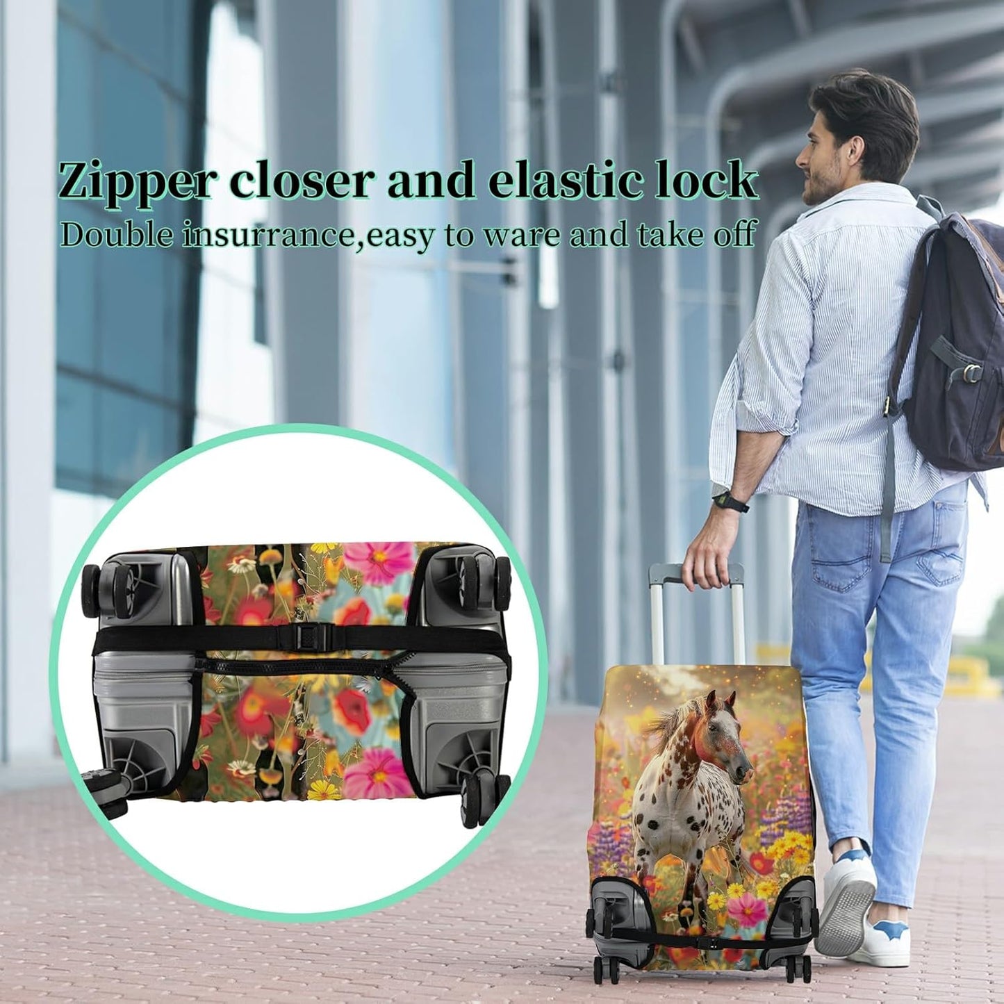 Luggage Cover + Tag, Spotted Horse Garden Travel Suitcase Protector for 24 inch Luggage (M) with Concealed Zipper, Washable Elastic Cloth, Dustproof, Anti-Scratch