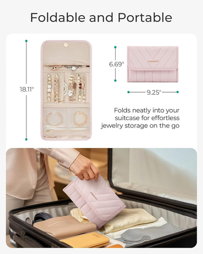 BAGSMART Travel Jewelry Organizer Case, Foldable Jewelry Roll for Necklaces, Earrings, Journey-Rings, Bracelets, Brooches, Portable, Khaki