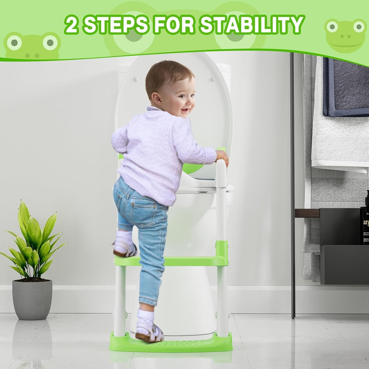 Toddler Toilet Training Seat with Ladder – Soft PU Cushion, Non-Slip Steps & Handles, Adjustable Height Potty Training Seat for Boys & Girls, Fits Standard Toilets, Easy to Assemble