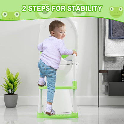 Toddler Toilet Training Seat with Ladder – Soft PU Cushion, Non-Slip Steps & Handles, Adjustable Height Potty Training Seat for Boys & Girls, Fits Standard Toilets, Easy to Assemble
