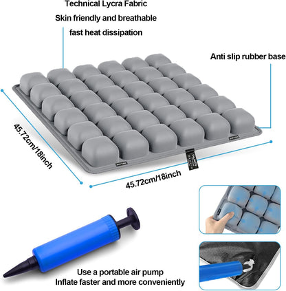 Grey Travel Seat Cushion – Portable Inflatable 3D Air Cell Seat Cushion for Long Flights, Car, Office, Wheelchair, Ergonomic Design for Tailbone Relief & Compact Support
