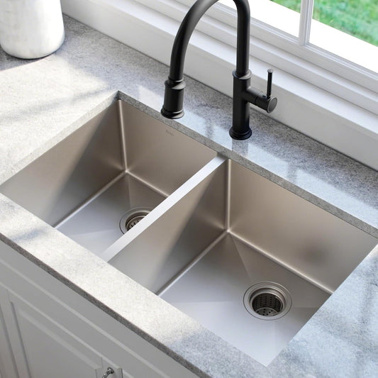 KRAUS Standart Pro 33 -inch Undermount 60/40 Double Bowl 16 Gauge Stainless Steel Kitchen Sink, KHU104-33