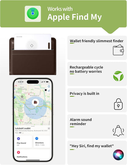 LULULOOK Wallet Tracker Card (iOS Only), Ultra Slim Airtag Wallet Works with Apple Find My, Wireless Rechargeable GPS Smartcard Tracker for Luggage, Tags, Passport, Purse, IP68 Waterproof, 3 Pack