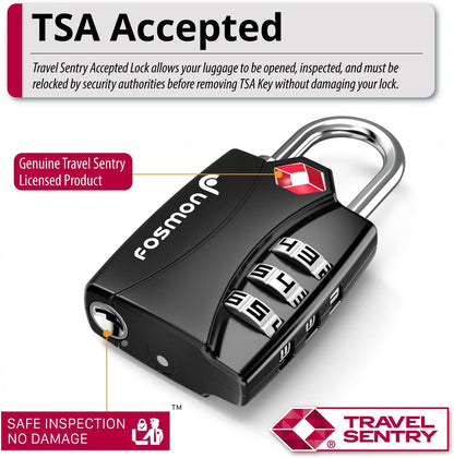 Fosmon TSA Approved Locks for Luggage. Suitcase Locks with Open Alert Indicator, 3 Digit Combination Padlock with Alloy Body for Travel, Backpack Zipper Anti Theft, Locker, Gym, Gun Case, Tent- 3 Pack