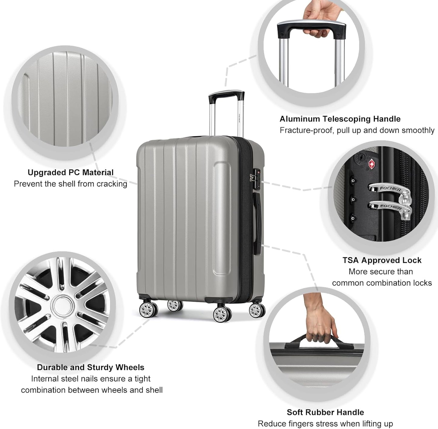 FOCHIER F Luggage Sets, Expandable 3 piece Hard Shell Luggage Set with TSA Lock, PC+ABS Hardside Travel Suitcase with Wheels for Women Men 20 24 28 Inch (Grey)