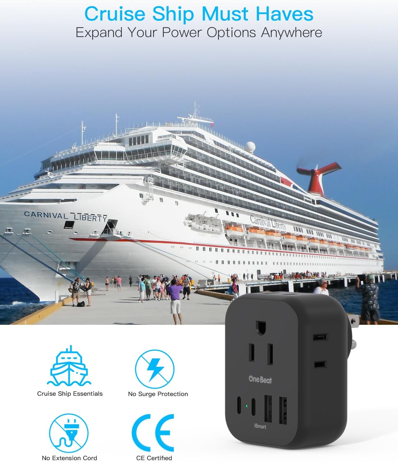 Travel Cruise Ship Essentials, Travel Plug Adapter with 4 Outlets 4 USB (4 USB-C), Cruise Approved Power Strip Non Surge Protector, Multi Plug Wall Outlet Extender, Travel Cruise Must Have Accessories