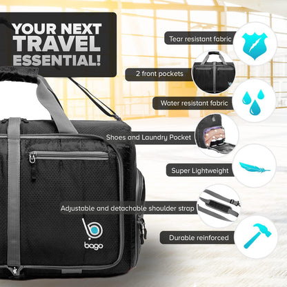 Bago Foldable Duffel Bags for Traveling Women & Men - 60L Medium Packable Duffle Bag for Travel with Shoe Compartment - Water Repellant, Heavy Duty, Lightweight Folding & Collapsible (Black)