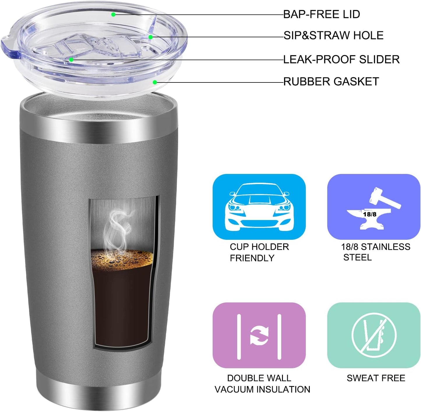 VEGOND 20oz Tumbler with Lid and Straw Stainless Steel Tumbler Cup Bulk Vacuum Insulated Double Wall Travel Coffee Mug Powder Coated Coffee Cup(Grey 6 Pack
