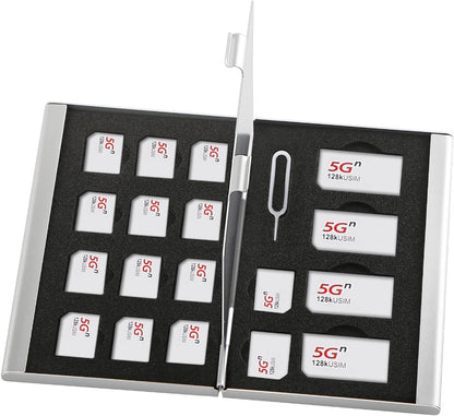 Aluminum SIM Card Case, 19Slots Ultrathin SIM Card Holder, Fit for 4 SIM Card, 14 Micro sim Card and 1 Cell Phone Eject Pin Slots, Silver
