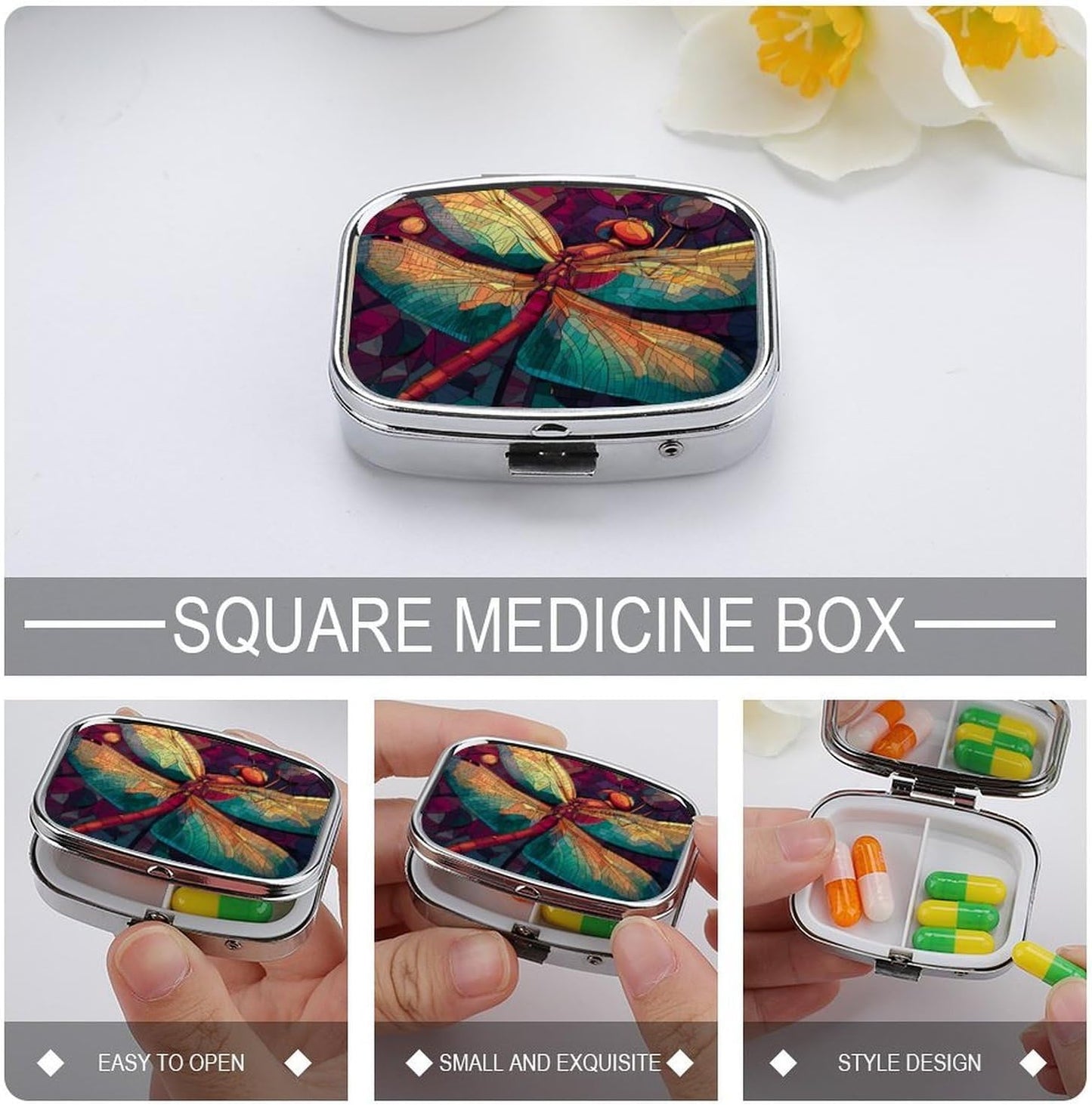 Metal 2 Compartment Pill Organizer Travel Friendly Portable Compact Pill Box Cute Pill Case,for Pocket Wallets Daily Portable Medicine Vitamin Tablet Storage (Dragonfly)