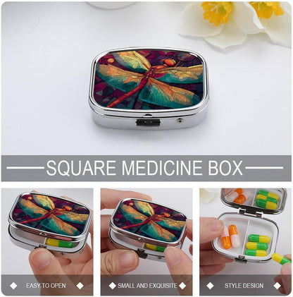 Metal 2 Compartment Pill Organizer Travel Friendly Portable Compact Pill Box Cute Pill Case,for Pocket Wallets Daily Portable Medicine Vitamin Tablet Storage (Dragonfly)