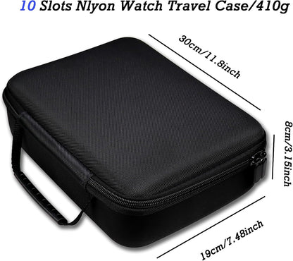 Juntan 10 Slots Hard Watch Travel Case, Portable Nylon Zipper Storage Organizer Box for Men Women with Soft Compressible Foam Pillow Black
