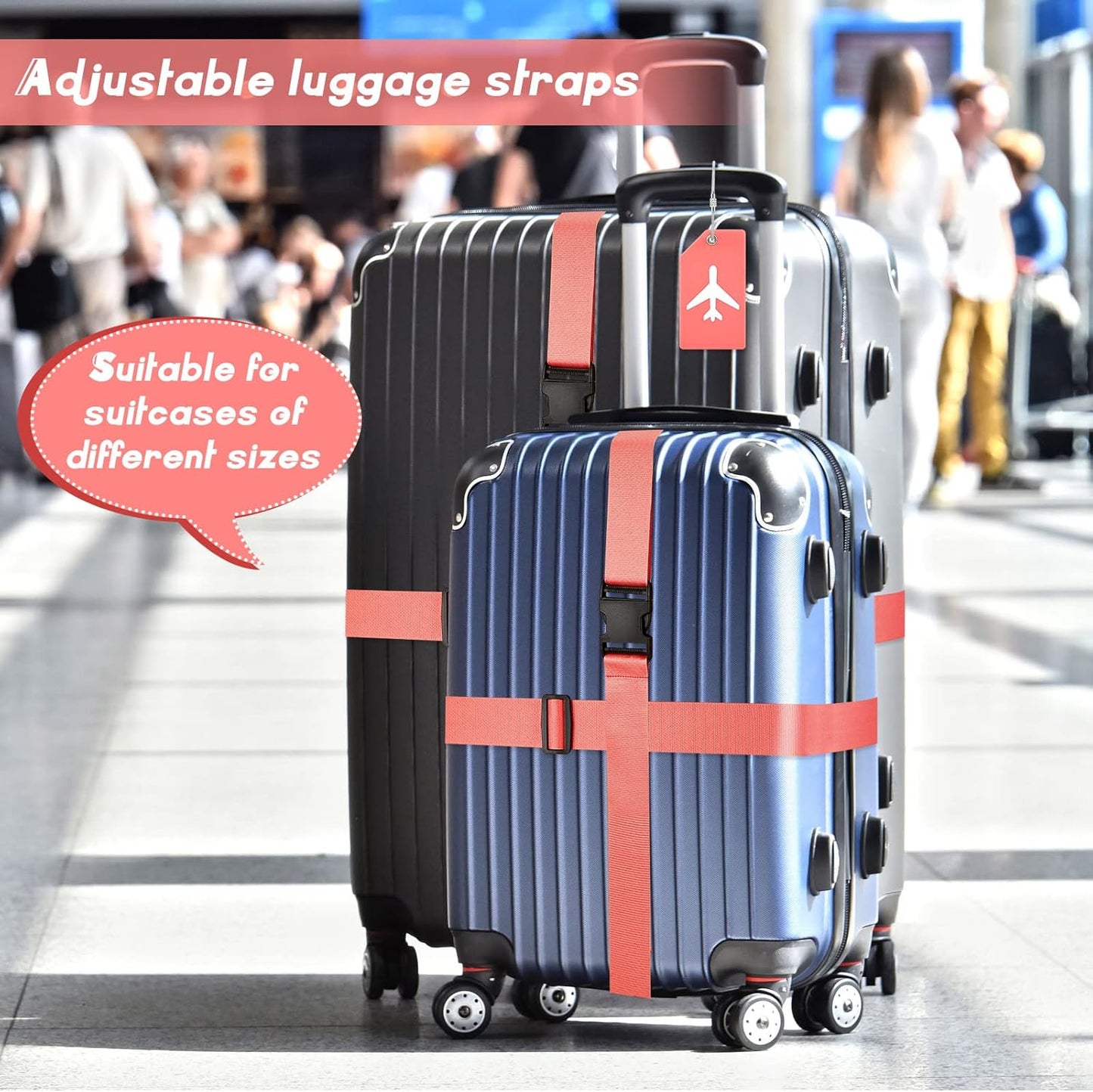 Weewooday 8 Pcs Luggage Straps Suitcase Tags Set for TSA Approved, 4 Travel Adjustable Suitcase Belt, 4 Silicone Luggage Tags with Name ID Card Travel Accessories(Dark Pink,Airplane)