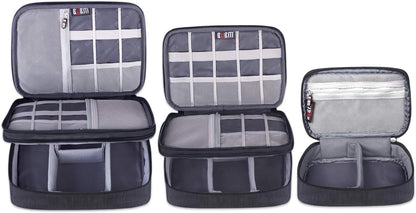 BUBM 3pcs Double Layer Electronic Organizer, Travel Gadgets Bag for Cables, External Flash Drive, Mouse, Memory Card, Power Bank and More, Compact and Multi-purpose, Black