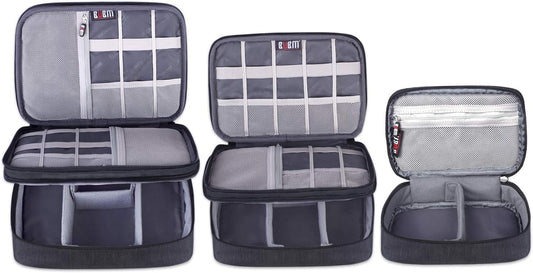 BUBM 3pcs Double Layer Electronic Organizer, Travel Gadgets Bag for Cables, External Flash Drive, Mouse, Memory Card, Power Bank and More, Compact and Multi-purpose, Black