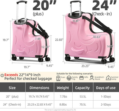 Hardside Ride on Kids Luggage with 4 Spinner Wheels for Girls and Boys,Rolling Childrens Travel Suitcase with Seat and Safety Belt for Toddler Ages 2-6,Verify Carry-on policy 21 Inch Pink