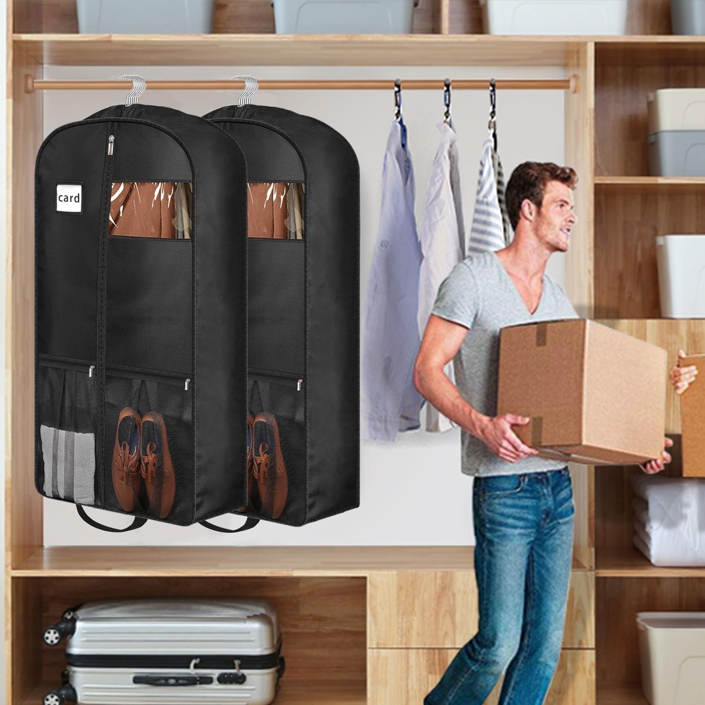 43" Heavy Duty Garment Bags for Travel 6.5" Gusseted Suit Bags for Closet Storage 2 Handles Hanging Clothes Bag with Pocket Mens Suit Cover for Shirts, Coats, Dresses, Suit Holder, 2 Pack