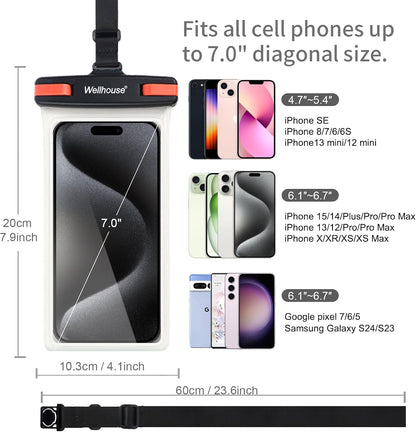 wellhouse Waterproof Phone Pouch, Waterproof Phone Case for iPhone 16 15 14 13 12 Pro Max XS Samsung, IPX8 3D Cellphone Dry Bag Beach Essentials (1 Pack - Black/Red Clasp7.0, 7 inch)