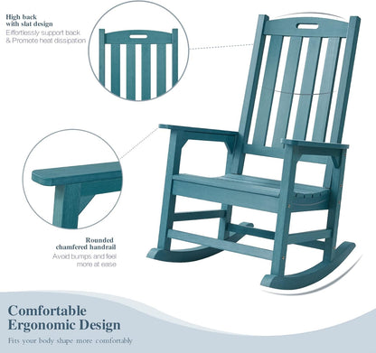 Psilvam Oversized Outdoor Rocking Chair, with 21" Wide Seat and 32" Tall Backrest, Pre-Assembled with Most Components for Effortless Installation (Blue)
