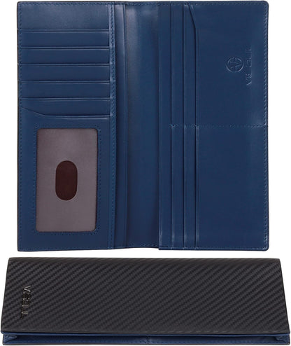VISOUL Mens Leather Long Checkbook Bifold Wallets with RFID Blocking, Carbon Fiber Leather Tall Wallets for Men (Black+Blue)