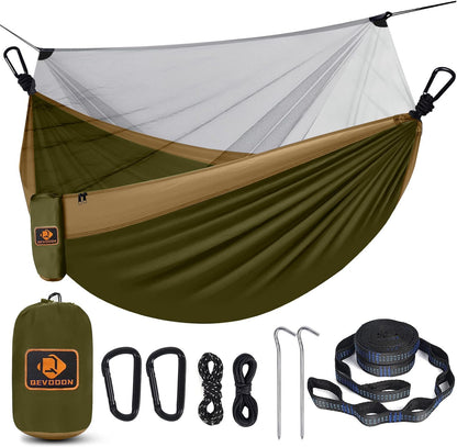 Camping Hammock with Net,Portable Lightweight Double Hammocks with Tree Straps and Solid D-Shape Carabiners,Parachute Nylon Hammock for Backpacking Beach Backyard Patio Hiking Green&Khaki