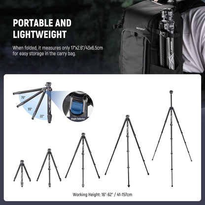 NEEWER LITETRIP LT32 Camera Travel Tripod, Carbon Fiber Portable Stand, Ball Head Detachable Center Axis Flip Buckle Cleaning Cloth Arca QR Plate Compatible with Peak Design Capture V3 (Former TP62)