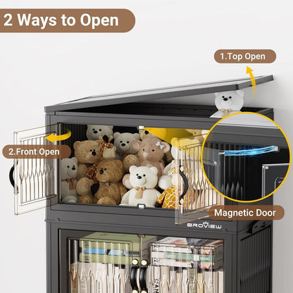 BROVIEW 240Qt Stackable Storage Bins with Lid, Extra Large Closet Organizer Collapsible Drawer Boxes with Wheels, Folding Plastic Cabinet Containers for Home Kitchen Room Organization, 4Pack Black