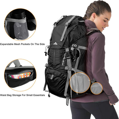 Loowoko 50L Hiking Backpack, Waterproof Camping Essentials Bag with Rain Cover, 45+5 Liter Lightweight Backpacking Back Pack