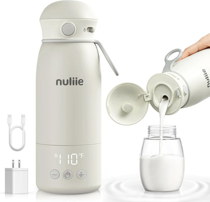 Nuliie Portable Milk Warmer for Travel, Double Leak‑Proof, Heating Milk & Water Faster, Cordless Bottle Warmer with Fast Charging, Anti-Dry & Anti-Burn Protection for All Day Needs, 17oz