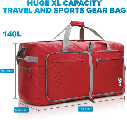 Bago Big XXL Foldable Duffel Bags for Traveling Women & Men - 140L Packable Duffle Bag for Travel with Shoe Compartment - Water Repellant, Heavy Duty, Lightweight Folding & Collapsible (Red)
