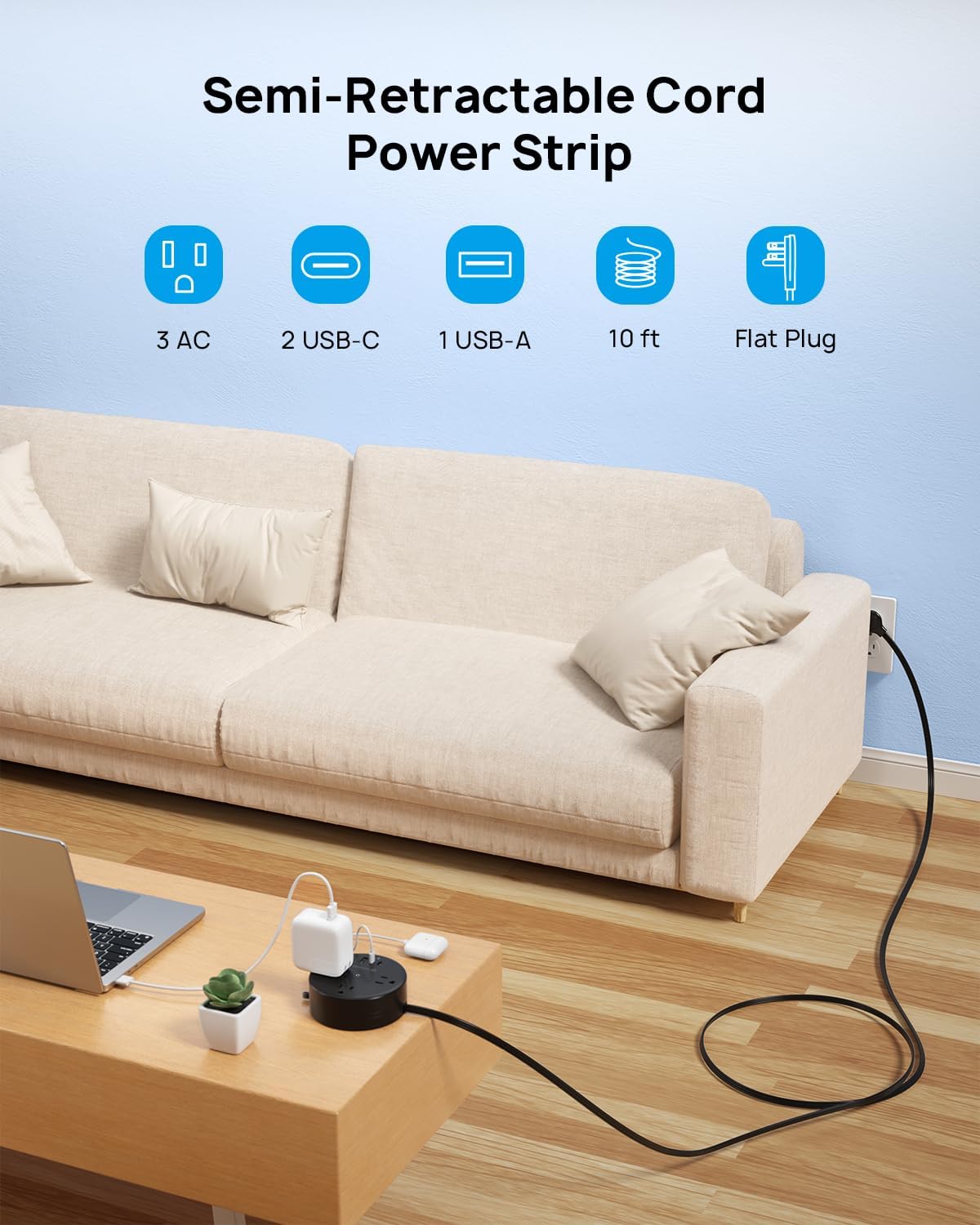 TROND Power Strip Flat Plug - Extension Cord 10FT Semi-Retractable, Power Strip with 3 AC Outlets 3 USB Ports (2 USB C), Ultra Thin Flat Plug, Cruise Ship Essentials, for Home, Hotel, Office