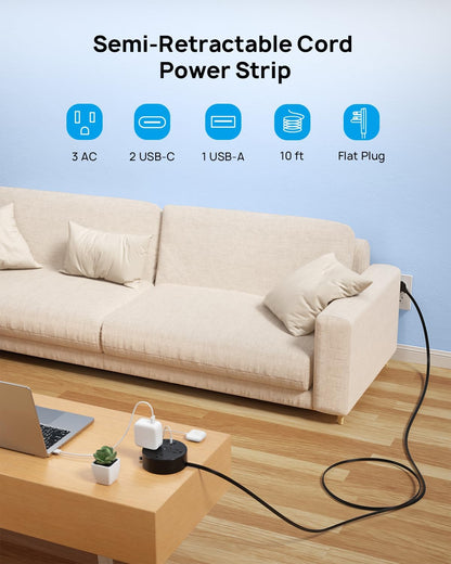 TROND Power Strip Flat Plug - Extension Cord 10FT Semi-Retractable, Power Strip with 3 AC Outlets 3 USB Ports (2 USB C), Ultra Thin Flat Plug, Cruise Ship Essentials, for Home, Hotel, Office